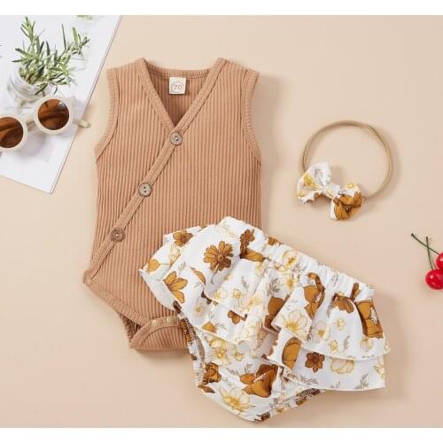 Toddler Baby Girl Knitted Cotton Clothes Sleeveless Romper + Flower Ruffles Shorts + Headband Newborn 3pcs Outwear Clothings