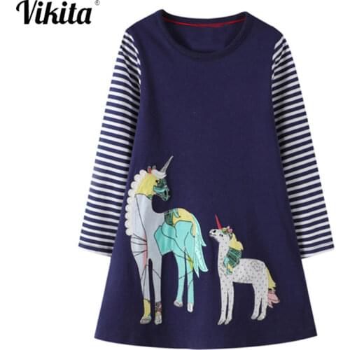 VIKITA Unicorn Dress Girl Clothes Animal Appliques Kids Girls Dresses Long Sleeve Autumn Princess Dress Toddler Cotton Costumes
