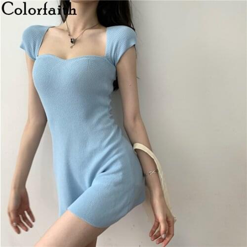 Colorfaith New 2021 Summer Women Dresses Skinny Square Collar Knitted Sexy High Waist Korean Elegant Lady Mini Dresses DRM333