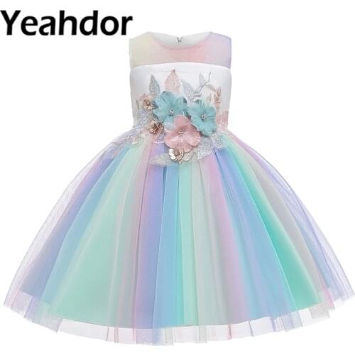 Girls Ball Gowns Round Neck Sleeveless Embroidered Flower Girl Dresses Kids Bowknot Colorful Rainbow Mesh Tutu Dress for Wedding