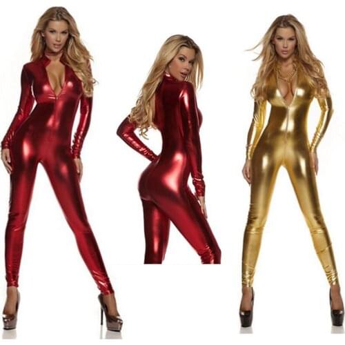 Plus Size Black Sexy Shiny Cat Suit Silver Metallic Unitard Tight Suit Lycra Spandex Bodysuit Zipper Long Sleeve Catsuits