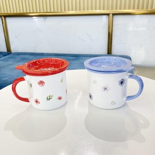 Kawaii Flower Ins Ceramic Cup 380ml Cute Yellow Blue Red Color Cup Student Korean Style Cartoon Mug with Lid Milk Water Cups