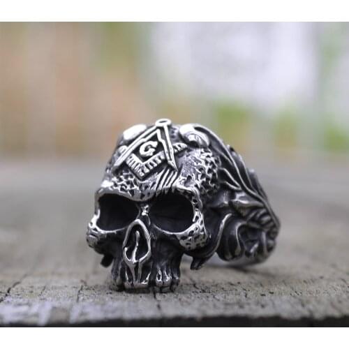 Vintage Silver Color Masons Vine Skull Biker Ring Mens 316L Stainless Steel Free-Mason Rings Freemasons Party Jewelry