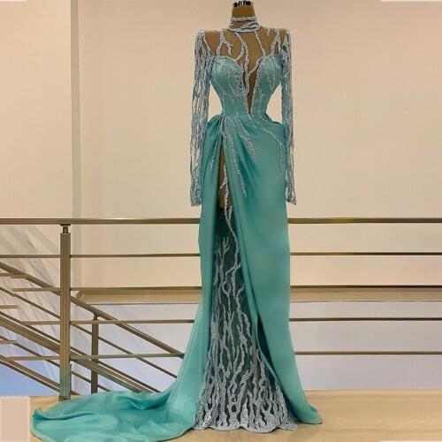 High Neck Evening Gowns Long Sleeves Beading Satin Women Mermaid Prom Dress Customize Lady Red Carpet Vestidos Formais