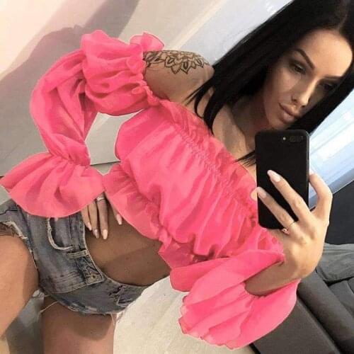 Women Top Blouse Shirt Trendy Chiffon Off Shoulder Slash Neck Loose Pleated Puff Sleeve Ruffle Blouse Sexy Casual Cop Tops