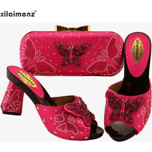 2019 Spring New Arrivals Italian Strange Style Women Shoes and Bag to Match with Butterfly and Shinning Crystal in Fuchsia