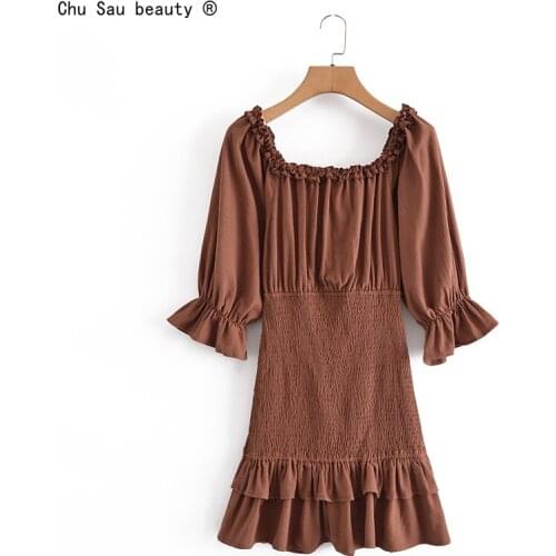 2021 Summer New Slash Neck Elastic Waist Double-Layer Ruffle Women Edible Tree Fungus Dress Solid Color Pullover Vestido Casual