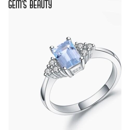 GEMS BEAUTY 925 Sterling Silver Emerald Cut Rings For Women Rectangle Simple Advanced Natural Sky Blue Topaz Handmade Rings
