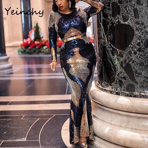 Yeinchy women sexy O neck long sleeve Colorful Sequin dress ladies Backless Long Evening Party Stretch Floor Length maxi Dress