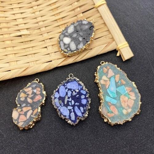 1 Piece of Natural Stone Faceted Pendant Colorful Irregular Shaped Stone Inlaid with Metal Edging Process Aura Healing Jewelry