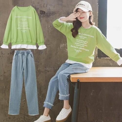 Autumn Girls Clothing Suits Teenager Girl Green Cotton Sweatshirts+Jeans 2Pcs Kids Clothes Casual Outfits 6 8 10 12 14 16 Year