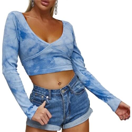 2021 Women Ladies Fashion Long Sleeve Tie-dye Crop Top Ladies Stylish V Neck Slim Skinny Casual Spring Summer T-shirts Tees