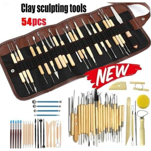 54pcs DIY Clay Pottery Tool Set Drill Pen Ceramics Sculpting Carving Sculpture Craft Wooden Handle Modeling Kit Wholeasle