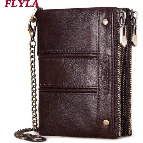 New RFID Antimagnetic Wallet For men Genuine Leather Multi-function Double Zipper Mens Coin Purse