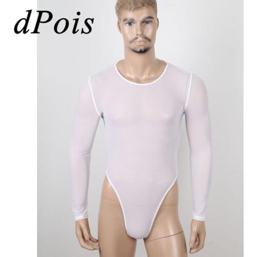 Mens Bodysuit See-Through Mesh Lingerie Long Sleeve High-Cut Thongs Jumpsuit Hommes One-piece Gay Romper Pajamas Male Bodysuits