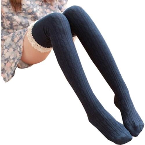 CHSDCS Hosiery High Knee Socks Long Winter Stockings Thigh Crochet Knitted Lace Trim Girls Slim Boot Cuff Knee-Sockings 1 Pair