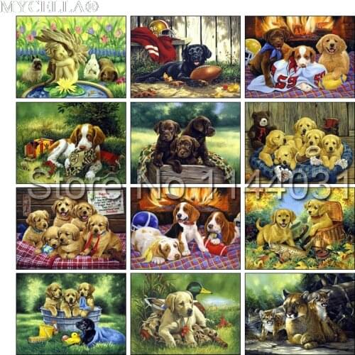 DIY Diamond Painting Animals Diamond Embroidery Cross Crafts Needlework Diamond Mosaic Dog Family Cross Stitch Home Decor Gift