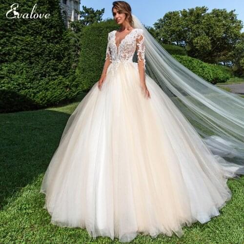 EVALOVE Elegant Scoop Neck Button A-Line Wedding Dress Luxury Beading Appliques Long Sleeve Vintage Bridal Gown Vestido De Noiva