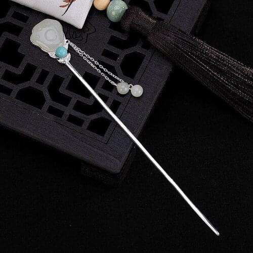 Chinese Jade Hair Stick Tassel 925 Sterling Silver With Natural Stone Turquoise Hanfu Hair Accessory Women Jewelry Luxury Pins