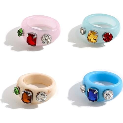 2021 New Korean Artistic Irregular Geometric Colorful Transparent Crystal Rhinestones Acrylic Resin Rings for Women Jewelry Gift