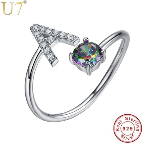 U7 925 Sterling Silver Rings Adjustable Initial Letter Luxury Zircon Personalized Name Jewelry Women Gift Valentines Day SC11