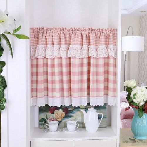 Pink white plaid short curtain checkered bay window half curtain bedroom dormitory lace partition curtain semi shading cloth