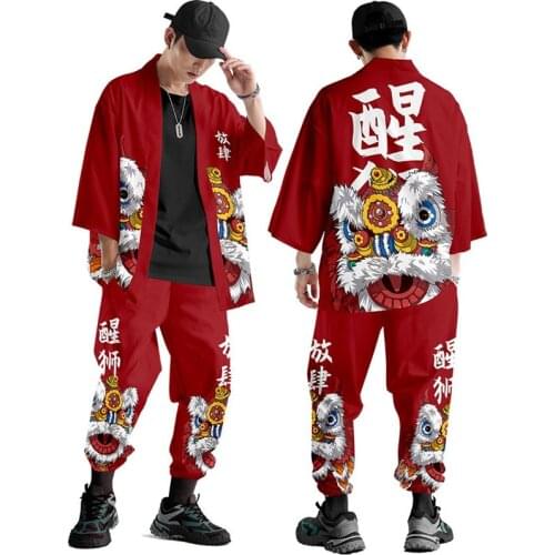 Lion Dragon Print Two-piece Suit Japanese Cardigan Women Men Cosplay Yukata Clothing Harajuku Samurai Kimono + Pants Sets