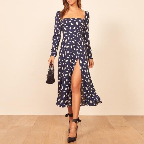 Square Neck Print Vintage Women Dress 2020 Kaia Gerber Spring Autumn Long Sleeve Chiffon Midi Dress Sexy High Slit Party Dresses