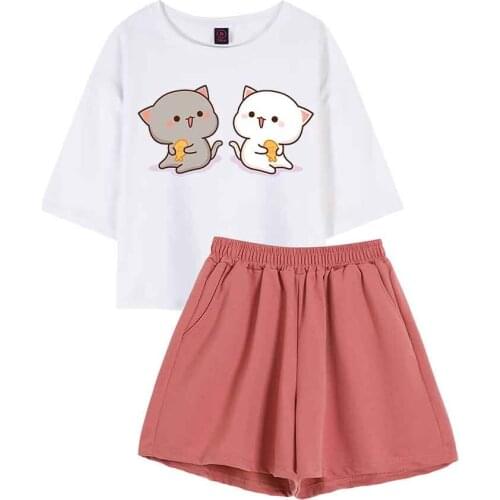 Kawaii Pajama Set Milk Bear Graphic T Shirts Two Piece Set Summer Korean Fashion Cotton Sweatpants Women Baggy Loungewear Suit