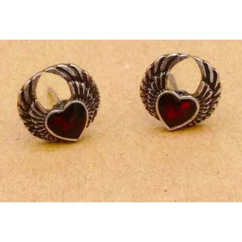 Fashion Parts Ancient Punk Dark Gothic Wind Wings Red Blood Heart-Shaped Drop Oil Ear Stud Earrings