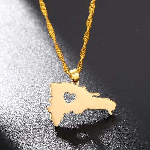 Stainless Steel Dominican Republic Map Necklace Pendant for Women Men Gold Water Wave Chain Choker Jewelry Best Gift