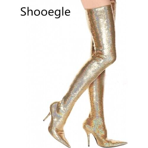 Sexy Bling Glitter Fetish Pointed Toe Slip On Over The Knee Sequined Cloth Women Boots Fashion Dress Thigh High Booties Ladies
