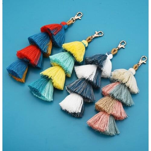 Handmade Women Colorful Boho Pom Pom 4 Layers of Tassels Bag Charm Bohemia Key Chain Accessories Fashion Jewerly