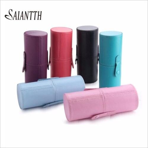 SAIANTTH 12pcs Makeup Brushes Bucket Empty Brush Bucket Leather Make Up Tool Storage Bucket Cylinder cosmetic Pull button