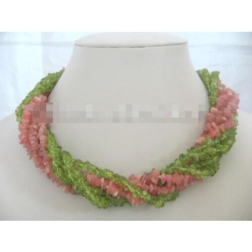 CBN514 Gorgeous 17" 7row natural peridot & rhodonite necklace-coral clasp