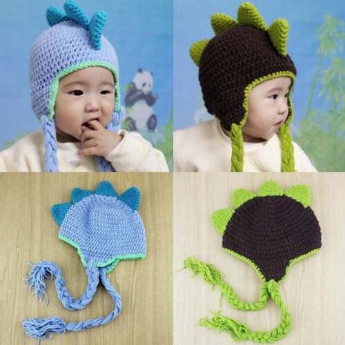 Hand Crochet Dinosaur Design Baby Hat Knitted Cotton Children Animal Beanie Cap Infant Winter Earflaps Beanies Photo Props