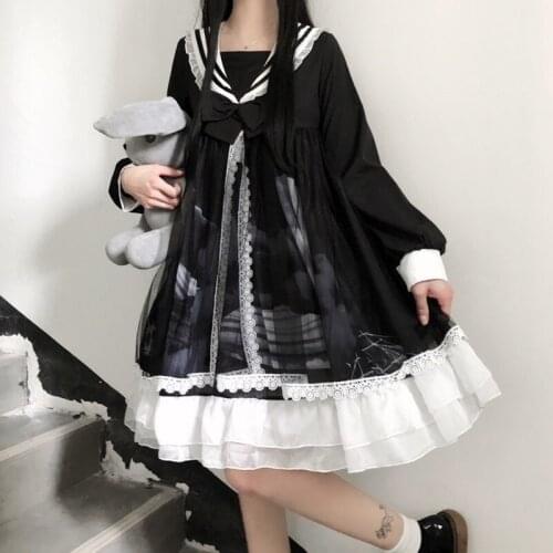 Japanese Lolita Style Spring Summer Dress Sailor Collar Bow Black Blue Tulle Dress Cute Kawaii Ruffles Mesh Party Dresses 12507