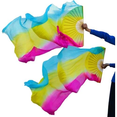 2019 High selling 100% Real Silk Veils 1 Pair handmade women Quality Silk Belly Dance Fan Dance turquoise+ yellow +rose stripe