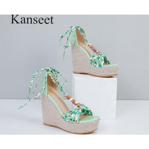 Kanseet New Women Sandals 2021 Summer Beads Decoration Handmade Female Wedges Shoes Fashion Design Sexy 12.5cm Super High Heels