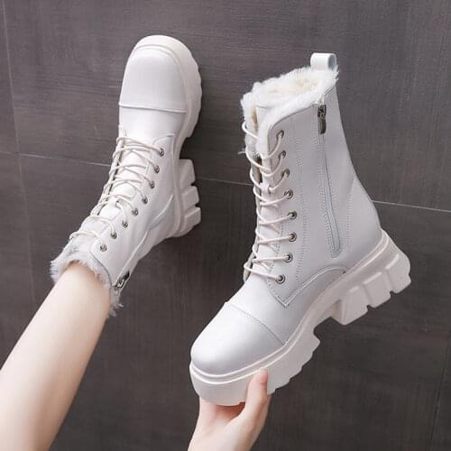 Rimocy Women Winter Ankle Boots PU Leather Warm Plush Snow Boots Female Height Increase Shoes Woman Zip Chunky Platform Booties