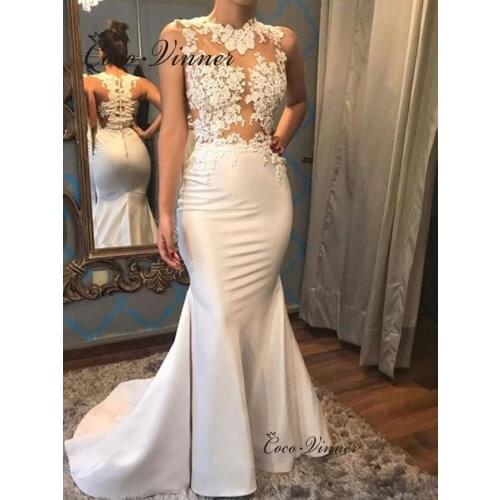 Sleeveless Illusion Satin Mermaid Wedding Dress Europe New Design Lace Appliques Sexy Bride Dresses Wedding Gown Women W0591