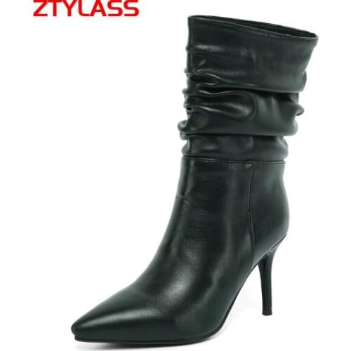 2021 Fashion Pleated Ankle Boots Winter Women Shoes Faxu Leather Thin High Heel Short Boots Slip On Pointed Toe Boots Size 42 42