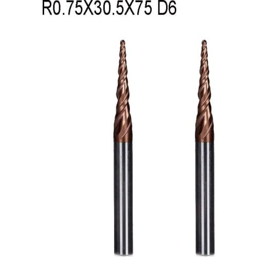 2pcs R0.75*D6*30.5*75L*2F HRC55 solid carbide 6mm Ball Nose Tapered End Mills router bits cnc taper wood metal milling cutter