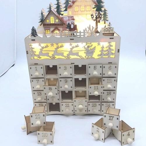 Wooden Christmas Advent Calendar Countdown to Christmas LED Holiday Decoration 24 Drawers with LED Light
