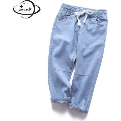 Kids Jeans Summer Boys Girls Trousers Clothing Trousers Elastic Waist Pocket Middle Waist Casual Childrens Clothes Y28