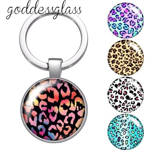 Lady Gift Fashion Leopard patterns Colorful glass cabochon keychain Bag Car key chain Ring Holder Charms keychains for Gifts