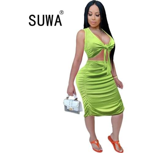 High street fashion sexy women two piece set with skirt deep v neck slim-fit crop top + bodycon skirts party night club outfits
