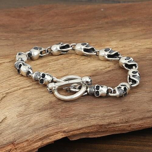 Apinje Skull Bracelet Men 925 Sterling Silver Bracelet Fashion Bracelet Gothic Jewelry