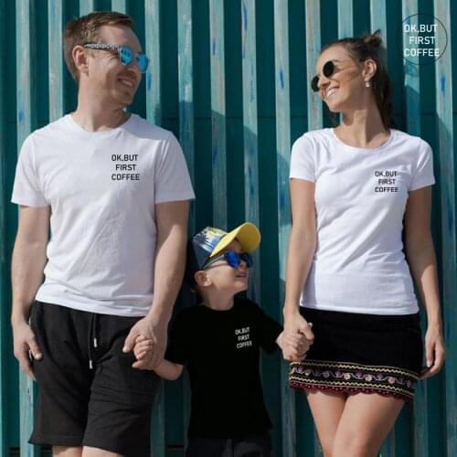But first coffee matching family outfits letter cotton t shirt dad mom baby girl boy casual summer normal size children set look