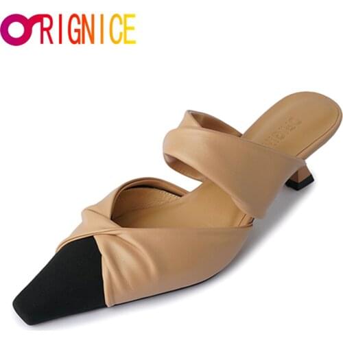 Orignice Brand Spring Women Low Heel Mules Pleated Pumps Sandals Elegant Slipper Square Toe Shallow Slip on Slides Shoes Apricot